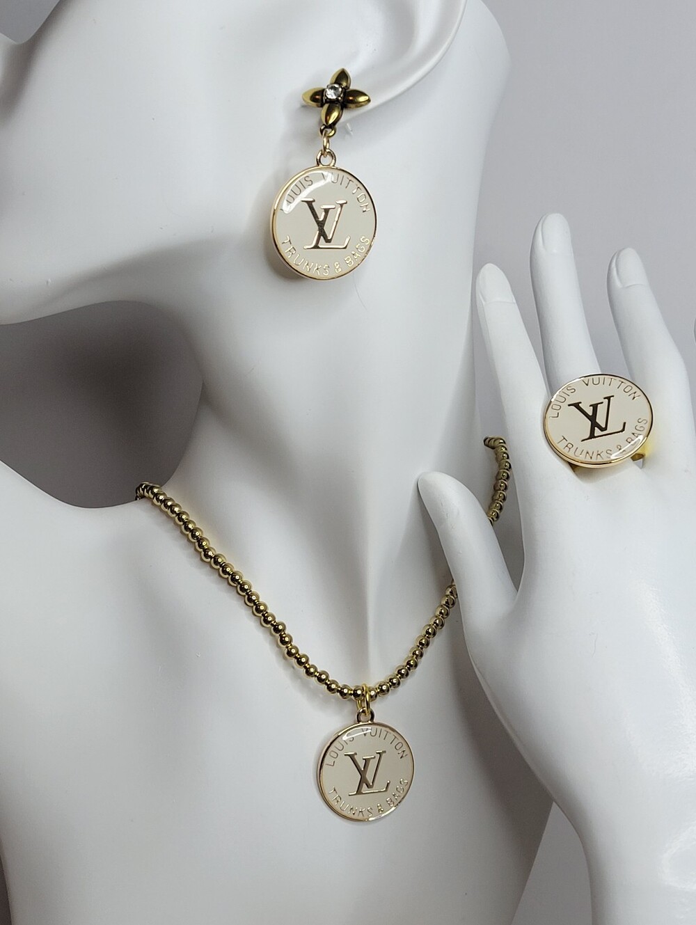 3 Piece Set Louis Vuitton Trunks & Bags, Earings, Necklace, Adjustable Ring